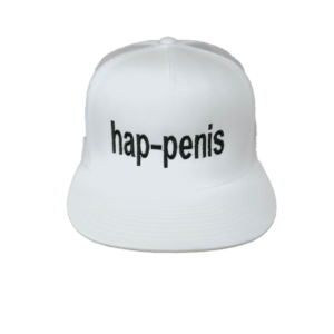 hap-penis hat white with black letters Testicuzzi