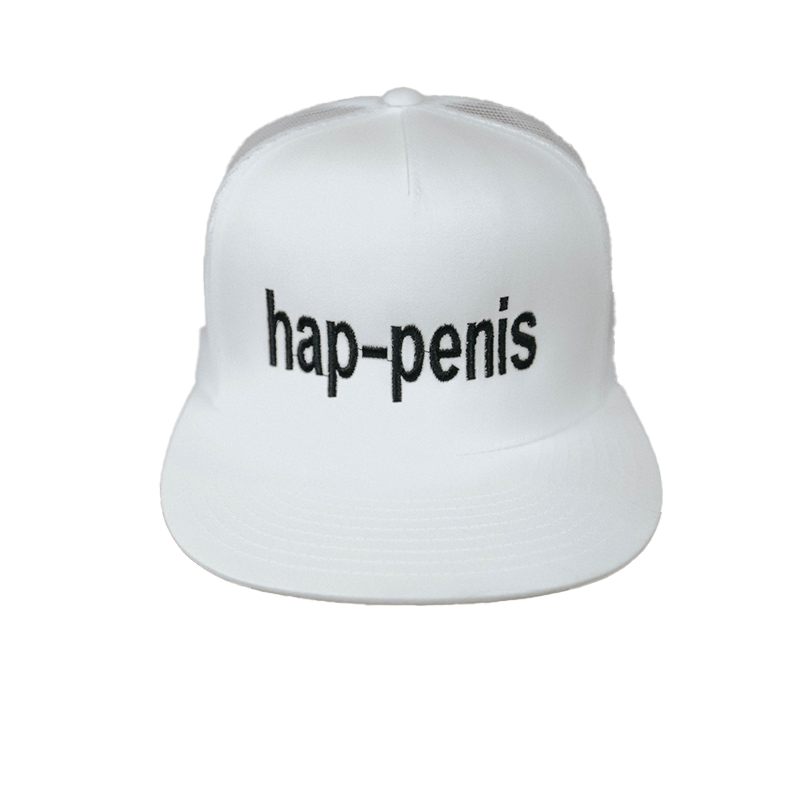 hap-penis hat white with black letters Testicuzzi