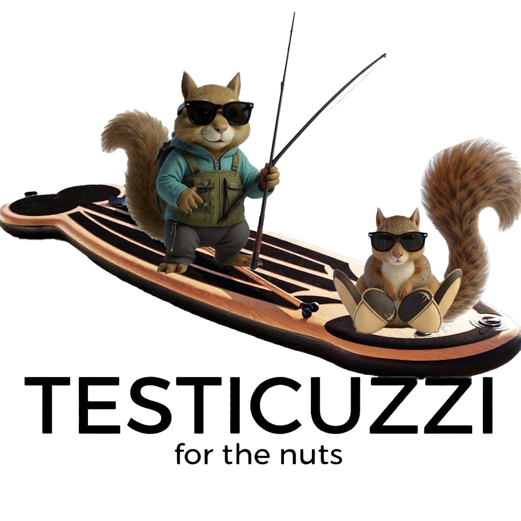 Testicuzzi Squirrel Logo Squirrels Fishing off of Morning Wood Paddle Board With Mike Hawk