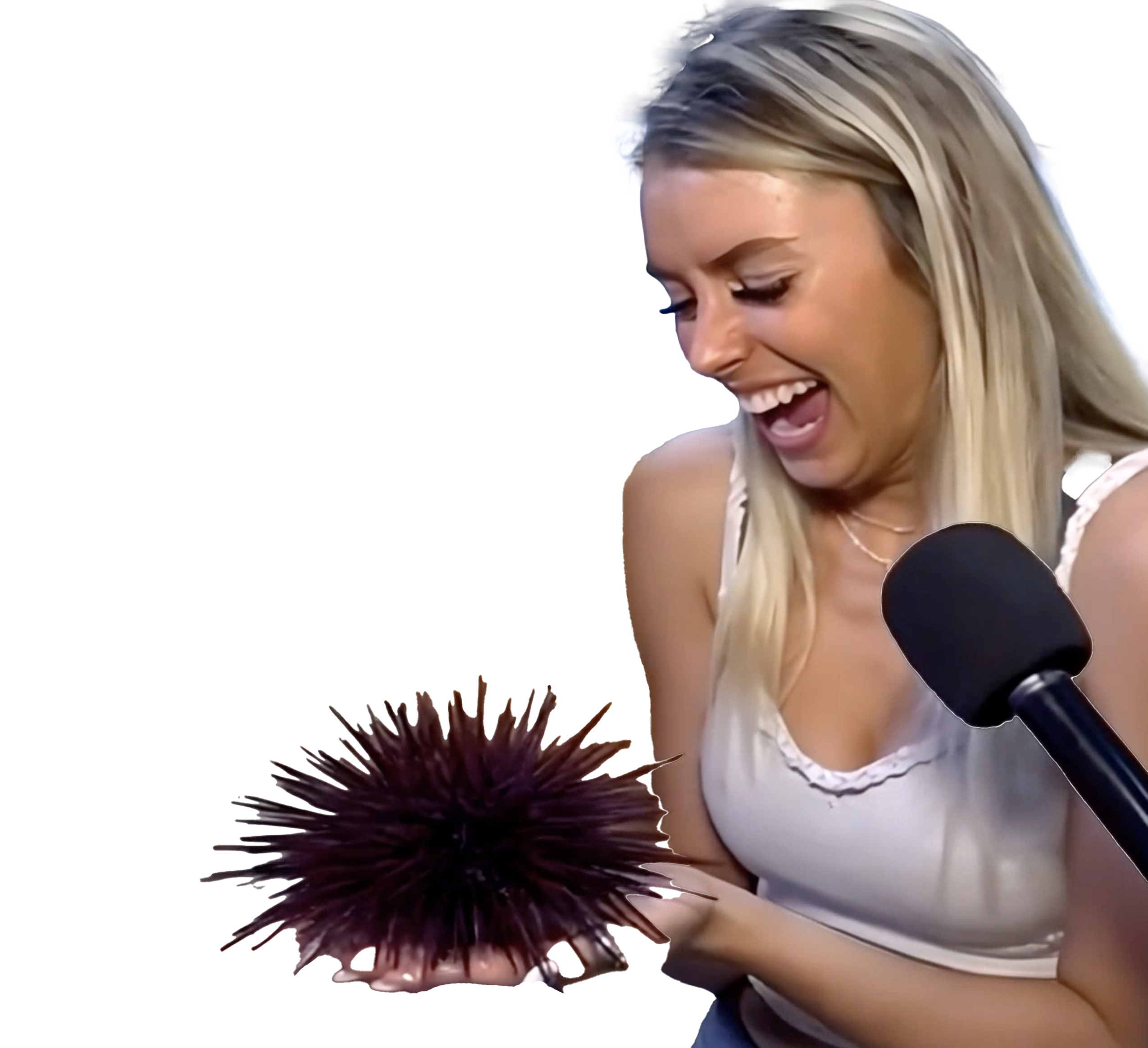 Kambria Hanks holding a Live Sea Urchin for a Testicle Empire Film Shoot
