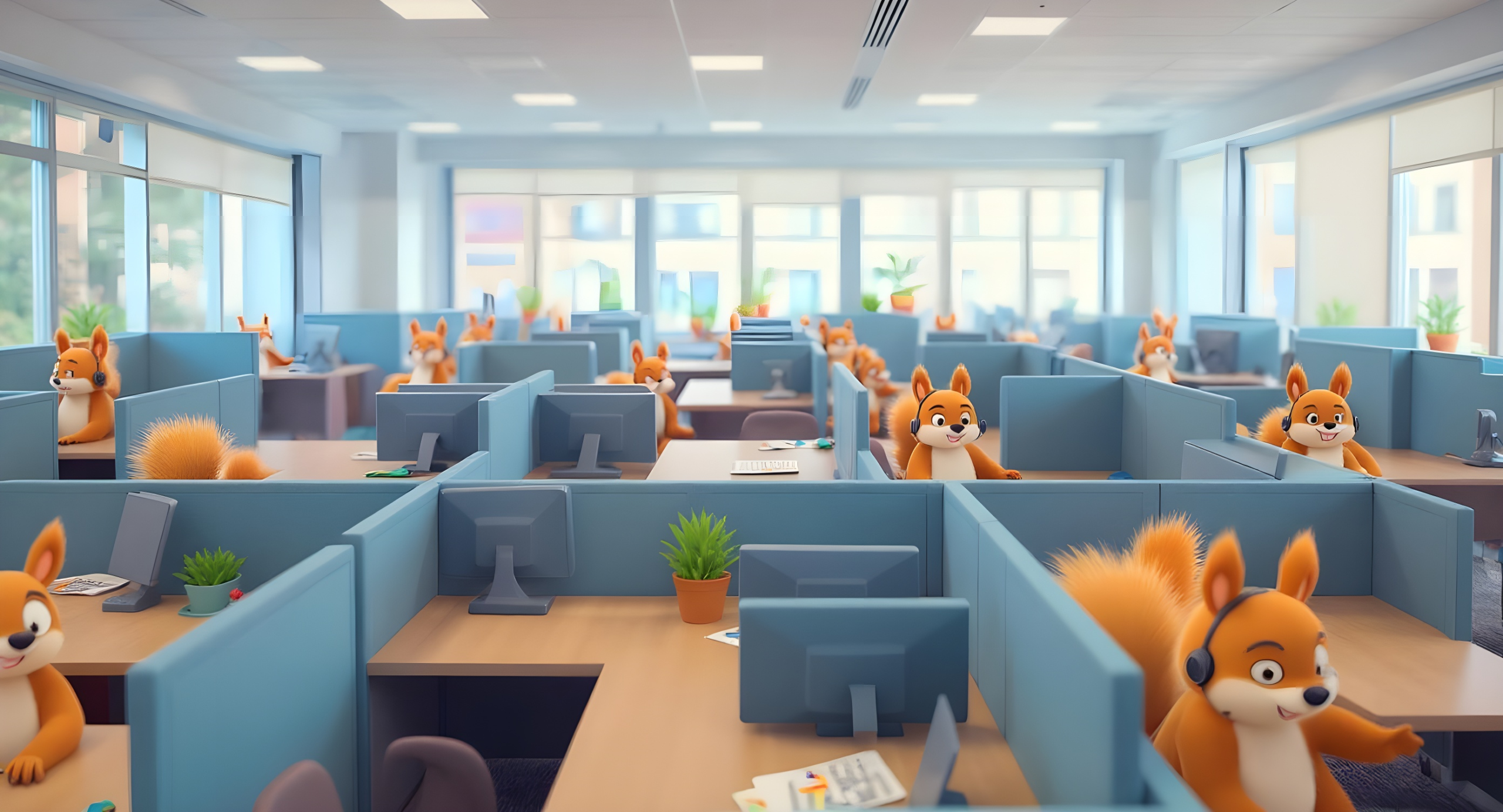 Background Image Contact Center with Squirrel Customer Service Representatives